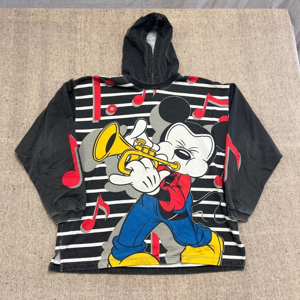Vintage Mickey Mouse Hoodie Mens Large Black 1990s Jazz Music AOP Disney